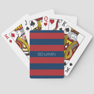 Navy Blue and Red Rugby Stripes with Custom Name Playing Cards