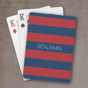 Navy Blue and Red Rugby Stripes with Custom Name Poker Cards