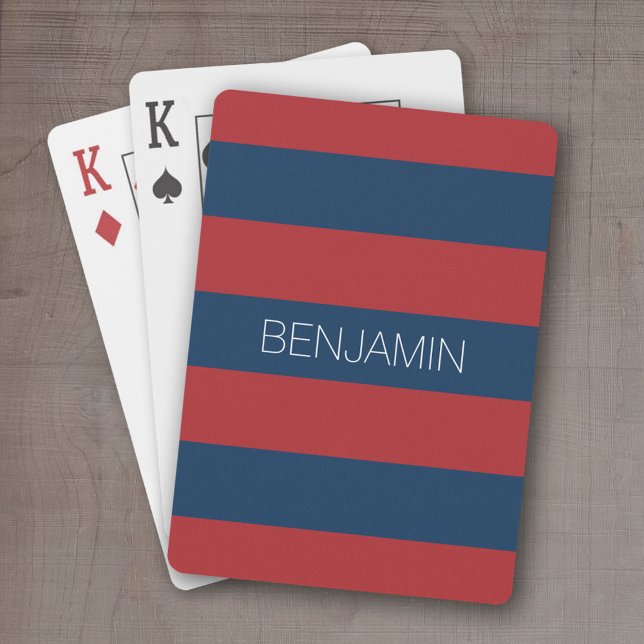 Navy Blue and Red Rugby Stripes with Custom Name Poker Cards (Personalized playing cards - sporty, preppy stripe pattern with name. Great gift for the guys!)