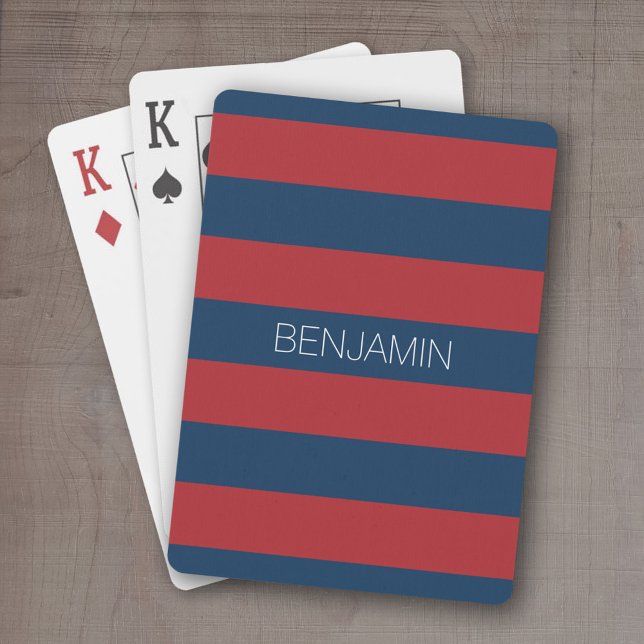 Navy Blue and Red Rugby Stripes with Custom Name Poker Cards (Personalized playing cards - sporty, preppy stripe pattern with name. Great gift for the guys!)