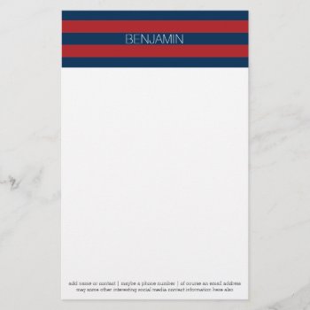 Navy Blue And Red Rugby Stripes With Custom Name Stationery by MarshBaby at Zazzle