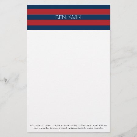 Navy Blue And Red Rugby Stripes With Custom Name Stationery
