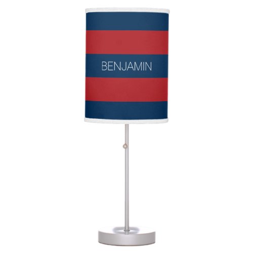 Navy Blue and Red Rugby Stripes with Custom Name Table Lamp