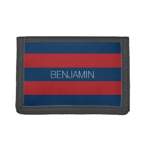 Navy Blue and Red Rugby Stripes with Custom Name Tri-fold Wallet