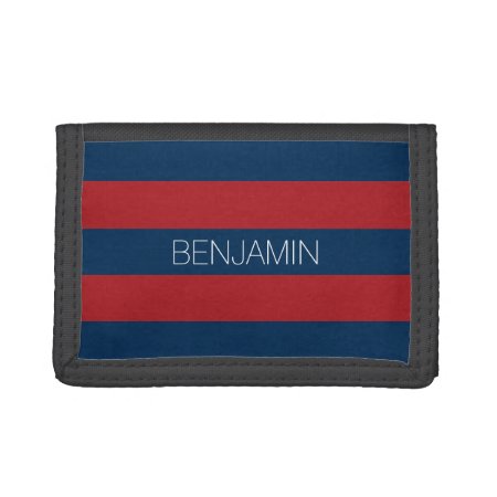 Navy Blue And Red Rugby Stripes With Custom Name Tri-fold Wallet