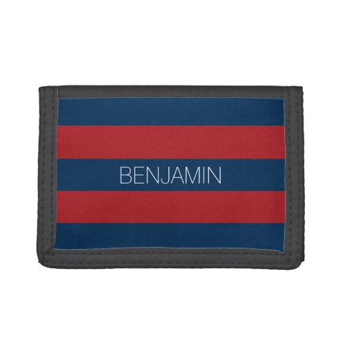 Navy Blue and Red Rugby Stripes with Custom Name Tri_fold Wallet