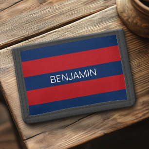 Navy Blue and Red Rugby Stripes with Custom Name Tri-fold Wallet