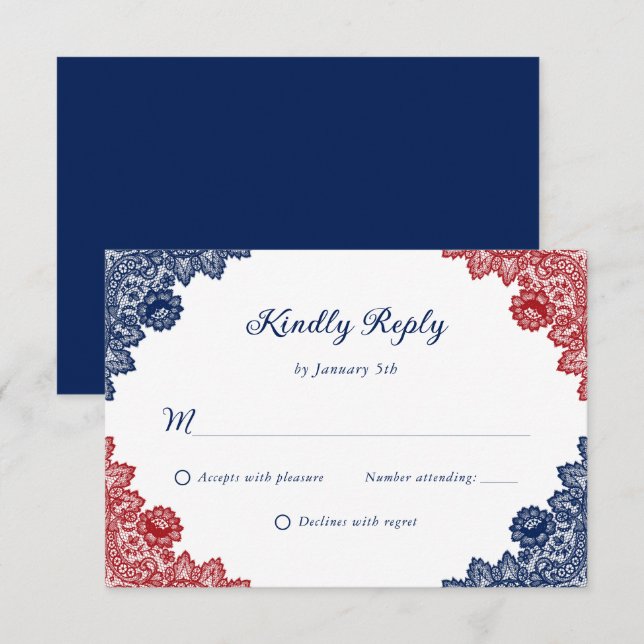 Navy Blue and Red Rustic Floral Lace Wedding RSVP Card (Front/Back)