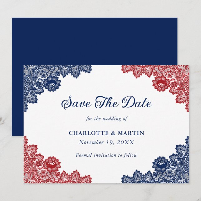 Navy Blue and Red Rustic Floral Lace Wedding Save The Date (Front/Back)
