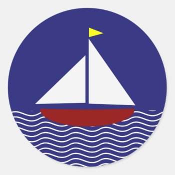 Navy Blue And Red Sailboat Design Classic Round Sticker by OldCountryStore at Zazzle