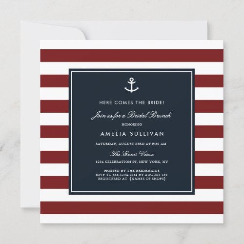 Navy Blue and Red Stripes Nautical Bridal Brunch Invitation