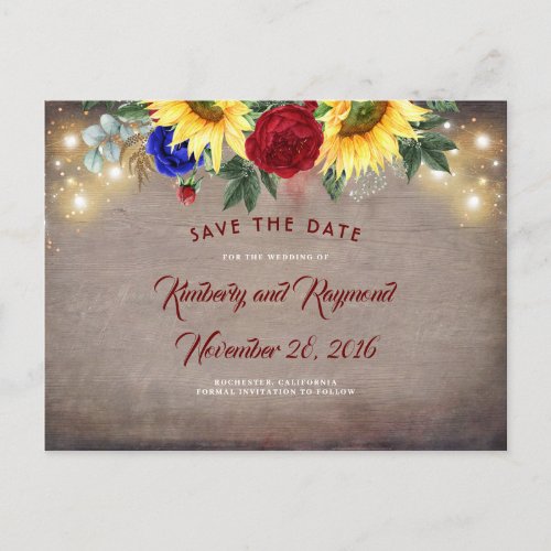 Navy Blue and Red _ Sunflowers Fall Save the Date Announcement Postcard