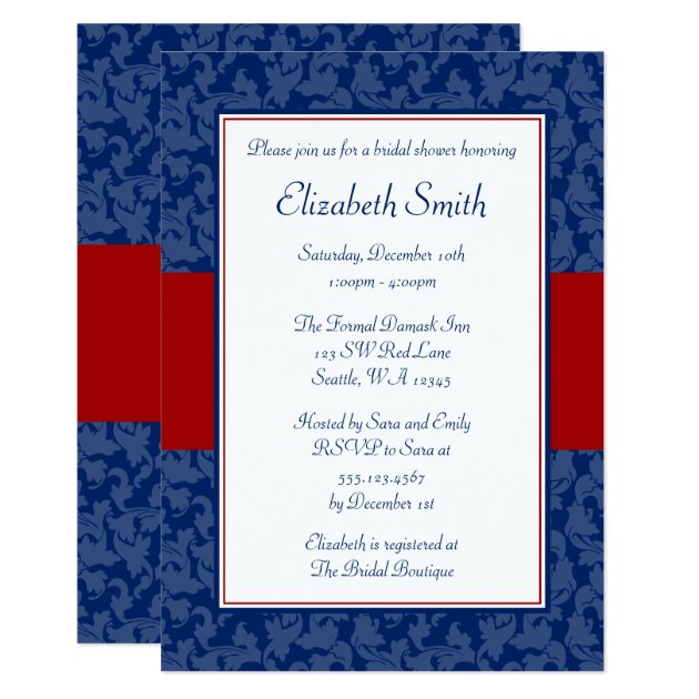 Navy Blue And Red Swirl Damask Bridal Shower Invitation