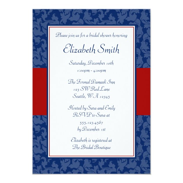 Navy Blue And Red Swirl Damask Bridal Shower Invitation