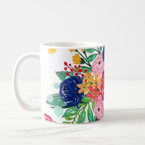 Navy Blue and Red watercolor boho chic Flowers Coffee Mug