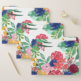 Navy Blue and Red watercolor boho chic Flowers File Folder