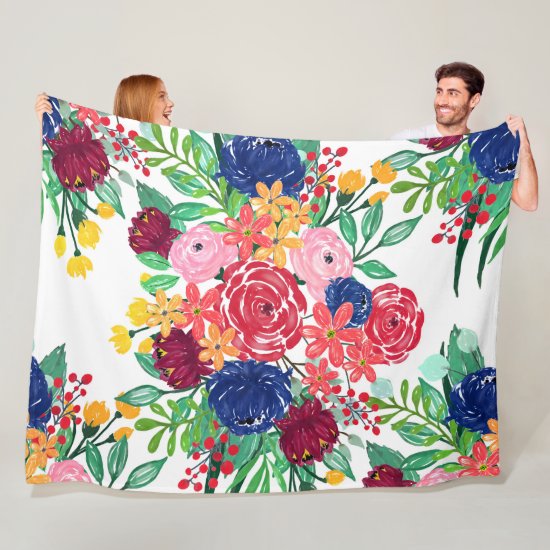 Navy Blue and Red watercolor boho chic Flowers Fleece Blanket
