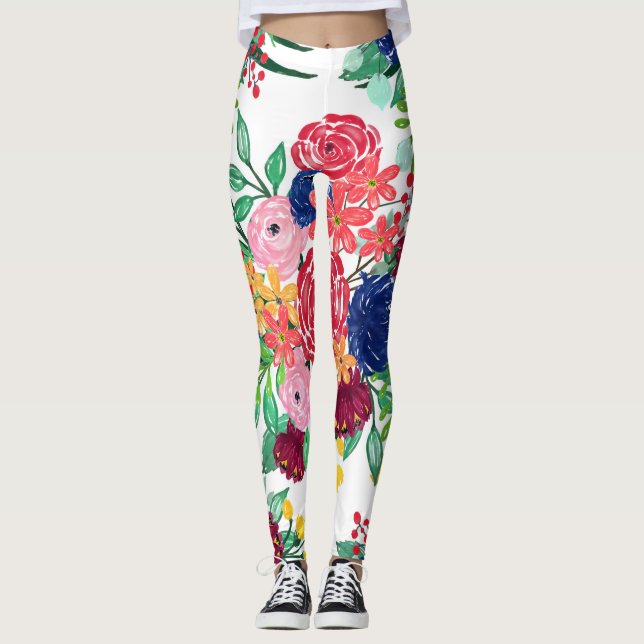 Navy Blue and Red watercolor boho chic Flowers Leggings (Front)