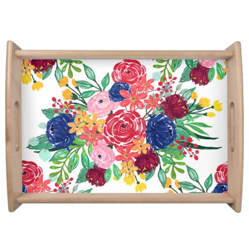 Navy Blue and Red watercolor boho chic Flowers Serving Tray