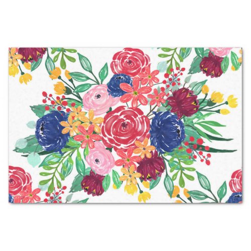 Navy Blue and Red watercolor boho chic Flowers Tissue Paper