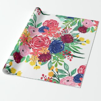 Navy Blue and Red watercolor boho chic Flowers Wrapping Paper