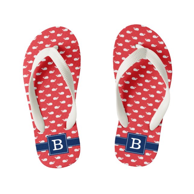 Navy Blue and Red Whales Square Monogram Kid's Flip Flops (Footbed)