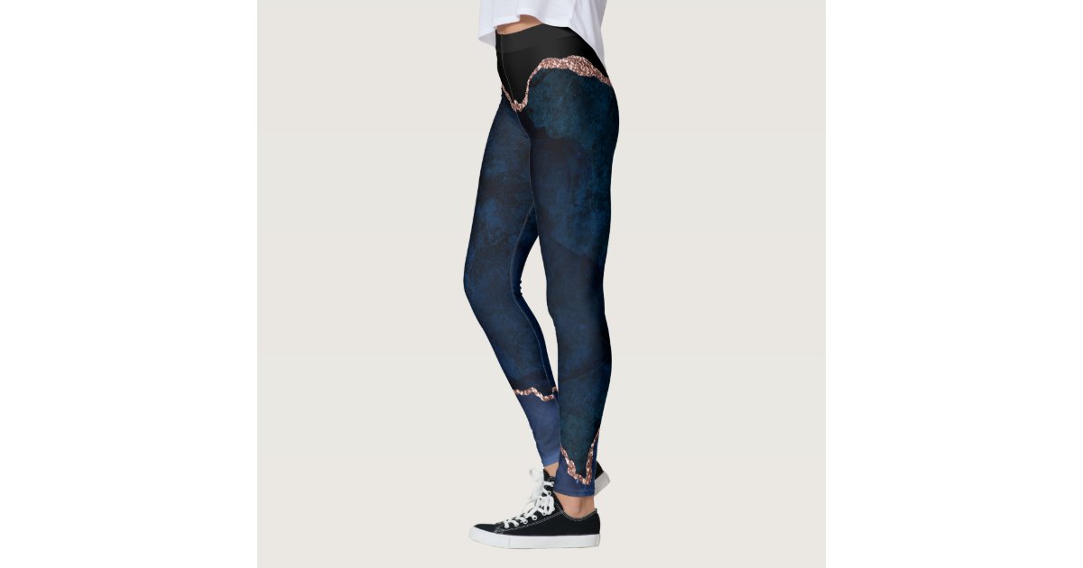 Geometric Navy Blue Peach Marble and Rose Gold Leggings