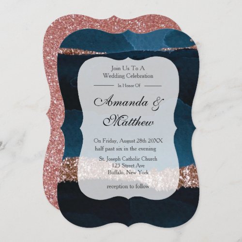 Navy Blue and Rose Gold Agate Wedding Invites