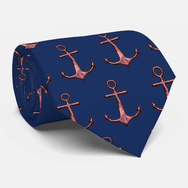 Navy Blue and Rose Gold Anchor Nautical Neck Tie (Rolled)