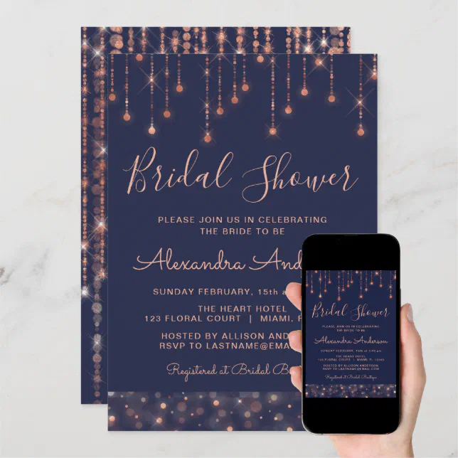 Navy Blue and Rose Gold Bridal Shower Invitation Zazzle
