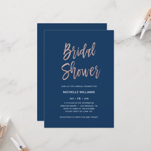 Navy Blue And Rose Gold Bridal Shower Invitation