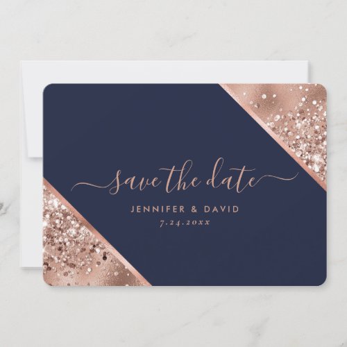 Navy Blue and Rose Gold Confetti Wedding Save The Date