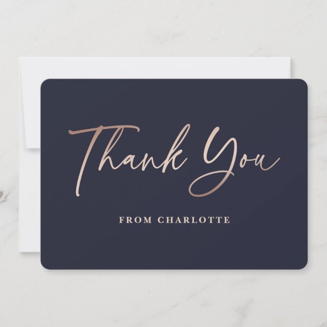 Navy Blue and Rose Gold Elegant Script Thank You Card (Front)