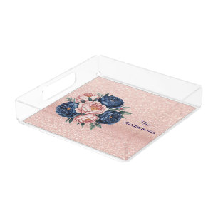 Navy Blue and Rose Gold Floral Acrylic Tray