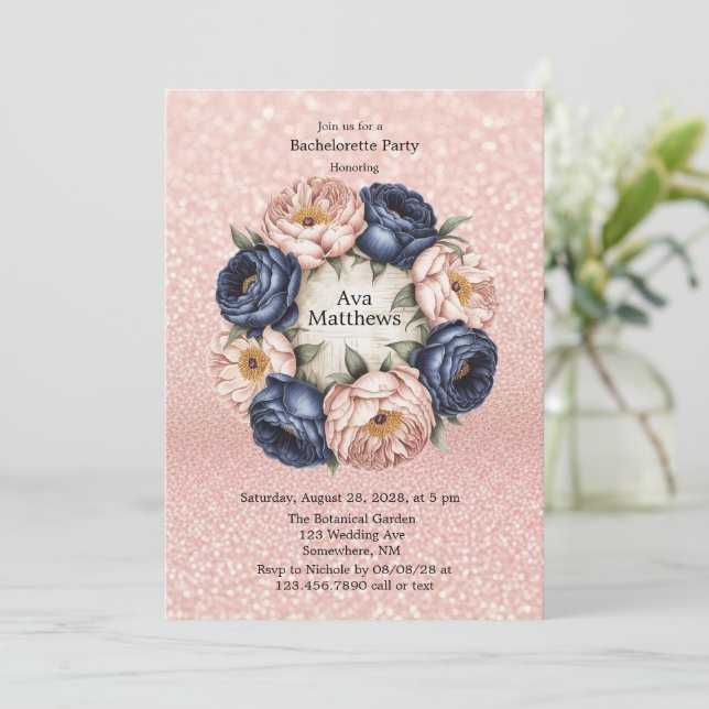 Navy Blue and Rose Gold Floral Bachelorette Party Invitation (Standing Front)