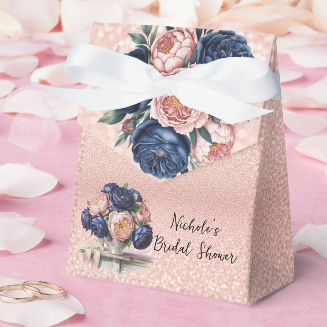 Navy Blue and Rose Gold Floral Bridal Shower Favor Boxes (Wedding)