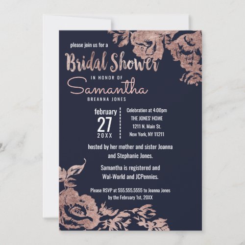 Navy Blue and Rose Gold Floral Bridal Shower Invitation