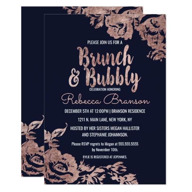 Navy Blue And Rose Gold Floral Brunch And Bubbly Invitation