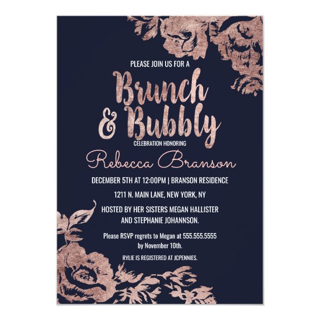 Navy Blue And Rose Gold Floral Brunch And Bubbly Invitation