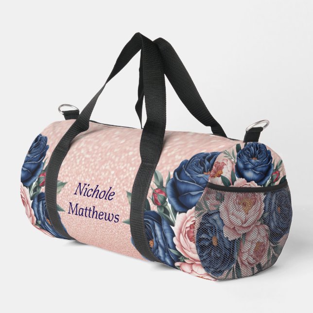 Navy Blue and Rose Gold Floral Duffle Bag (Right Corner)