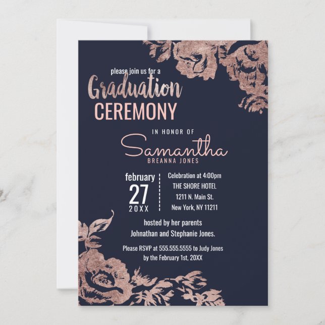 Navy Blue and Rose Gold Floral Graduation Invitation (Front)