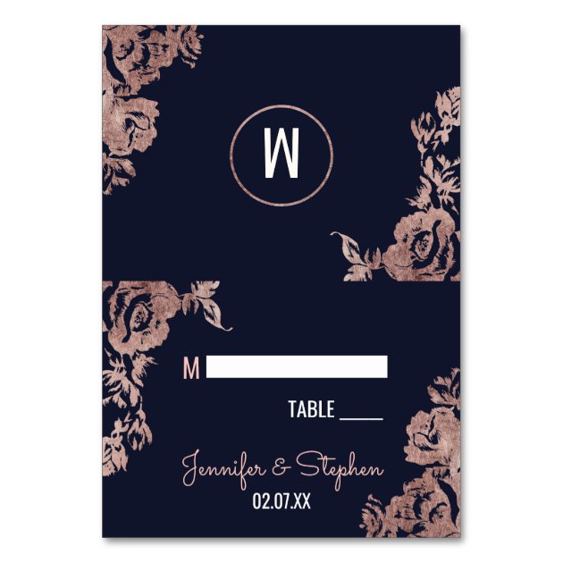 Navy Blue And Rose Gold Floral Place Cards