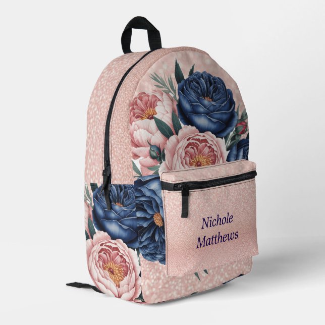 Navy Blue and Rose Gold Floral Printed Backpack (Back Corner Left)