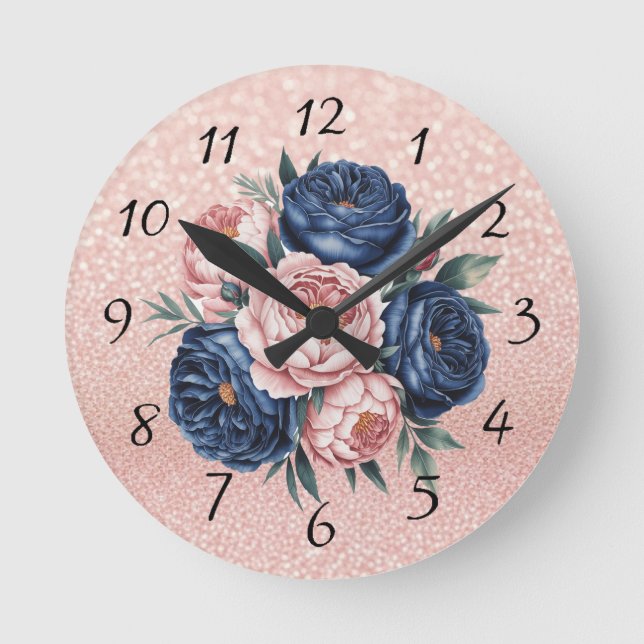 Navy Blue and Rose Gold Floral Round Clock (Front)