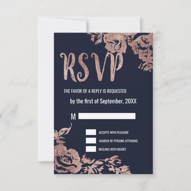 Navy Blue and Rose Gold Floral RSVP Cards (Front)