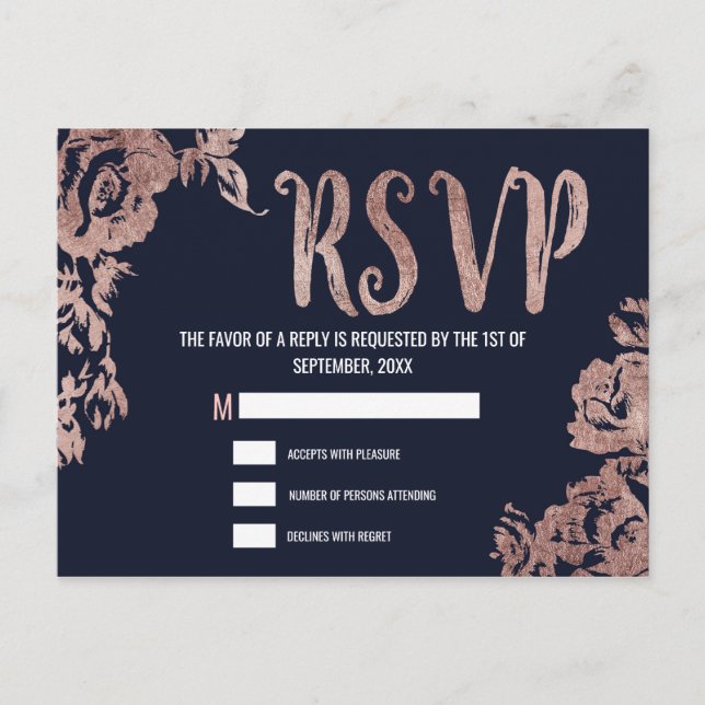 Navy Blue and Rose Gold Floral RSVP Invitation Postcard (Front)
