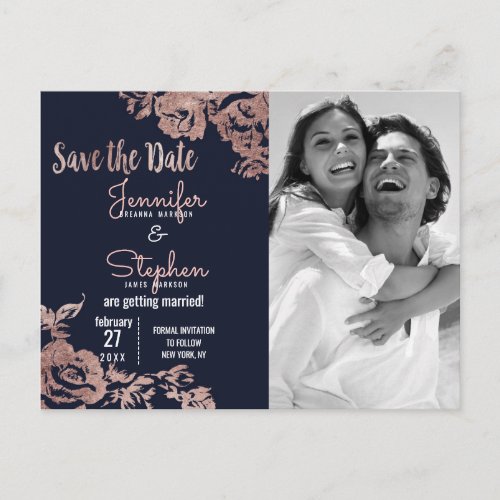 Navy Blue and Rose Gold Floral Save the Date Announcement Postcard