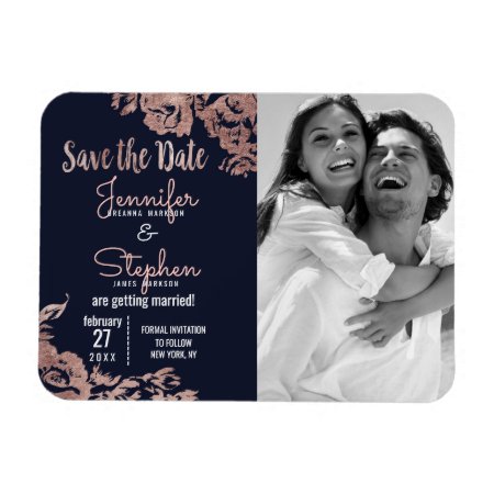Navy Blue And Rose Gold Floral Save The Date Magnet