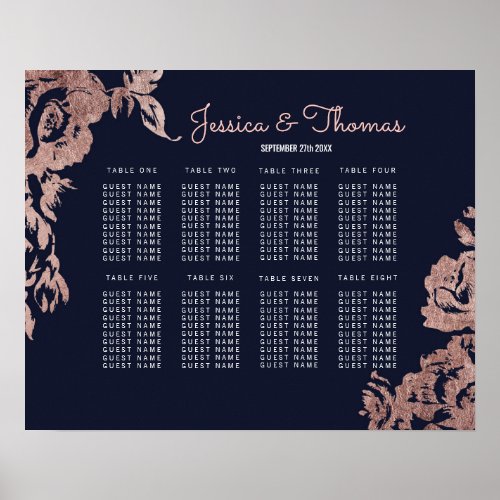 Navy Blue and Rose Gold Floral Seating Chart