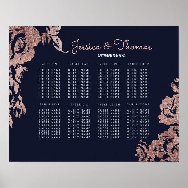 Navy Blue and Rose Gold Floral Seating Chart (Front)